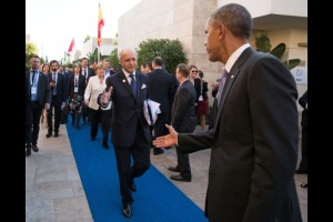 US-Präsident Obama begrüßt den französischen Außenminister Laurent Fabius beim G 20-Gipfel in Antalya