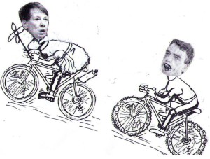 Elektromobilität? ... Oder:Zwei Minister auf zwei  normalen Rädern zur Konferenz? ...