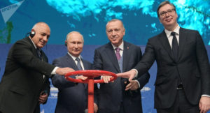 Die Lieferungen begann am 01. Januar, hier Putin, Erdogan und die Präsidenten Serbiens und Bulgariens , Bild Alexej Druschinin, sputn. 